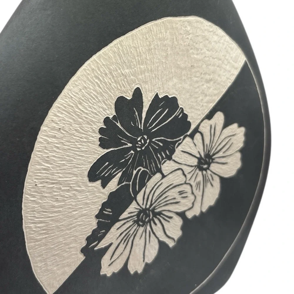 Gray Vase 1990s with white Etchings, Signed 8”tall 7”wide 2”opening